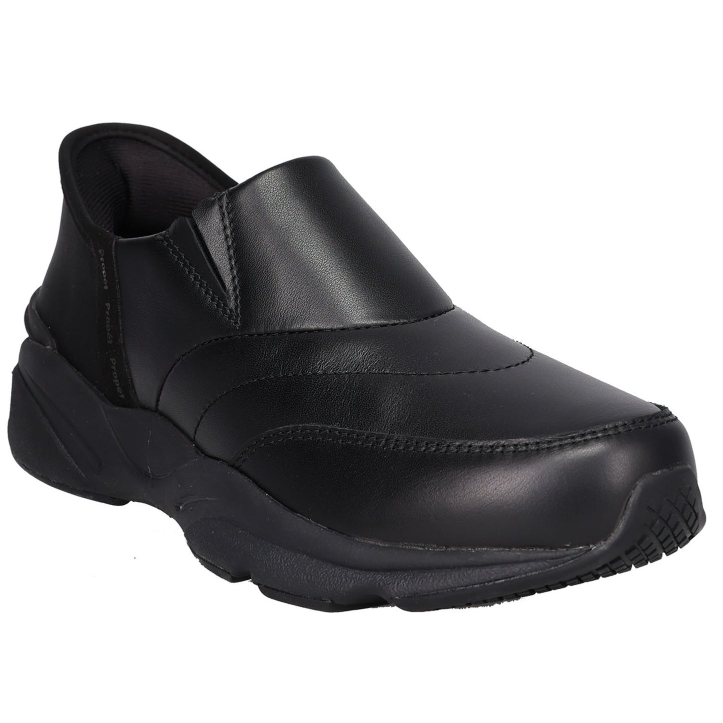 Black slip-on shoe with brand logo on a white background