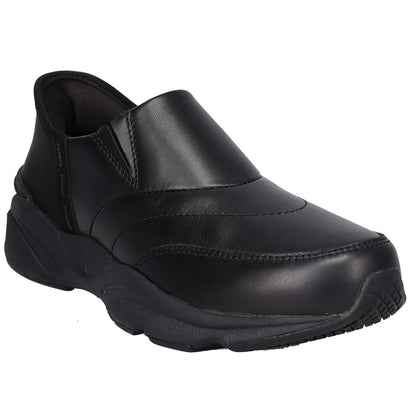 Black slip-on shoe with brand logo on a white background