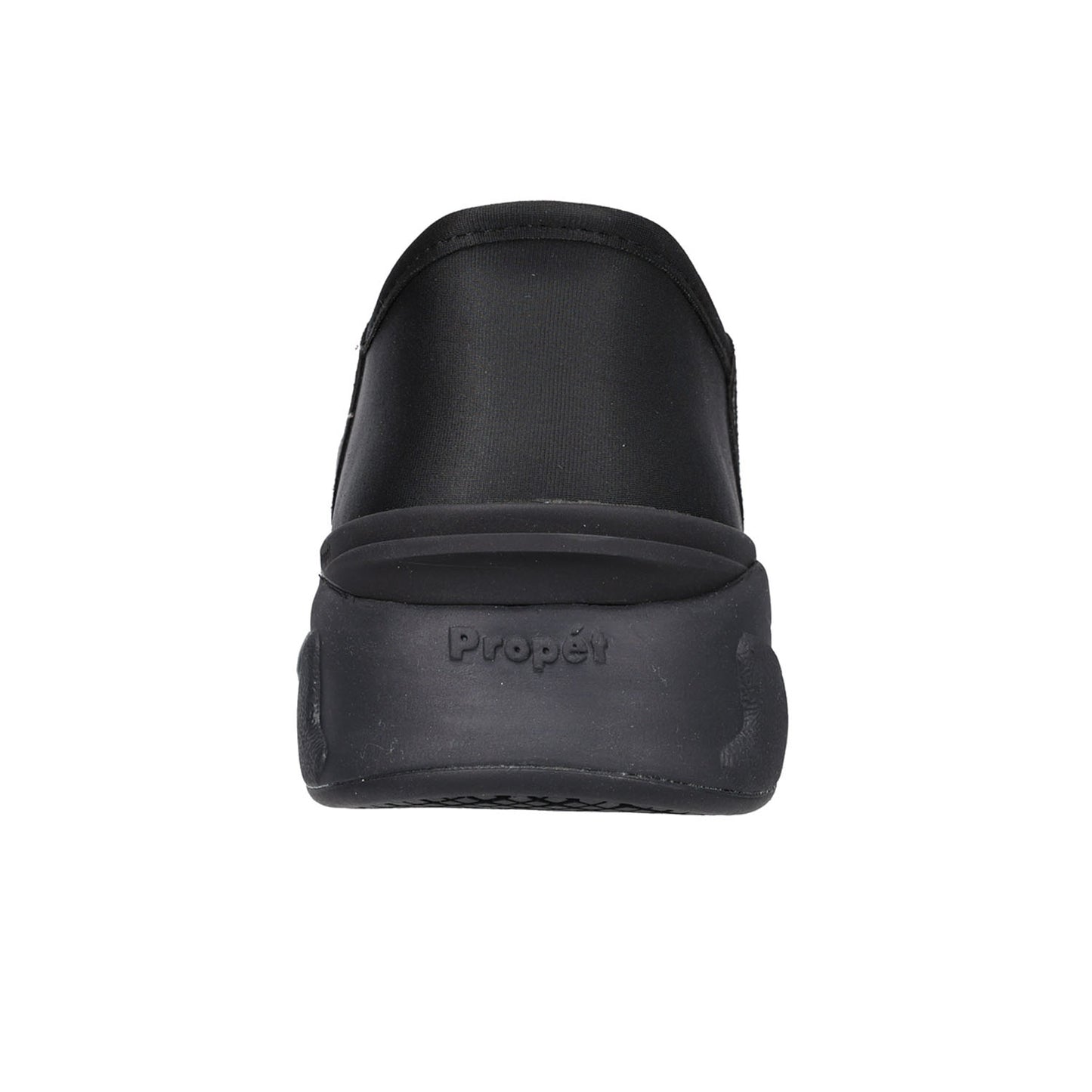 A black slip-on shoe shown from the back, featuring a thick textured sole with the brand name 'Propét' embossed on the side, set against a plain white background.
