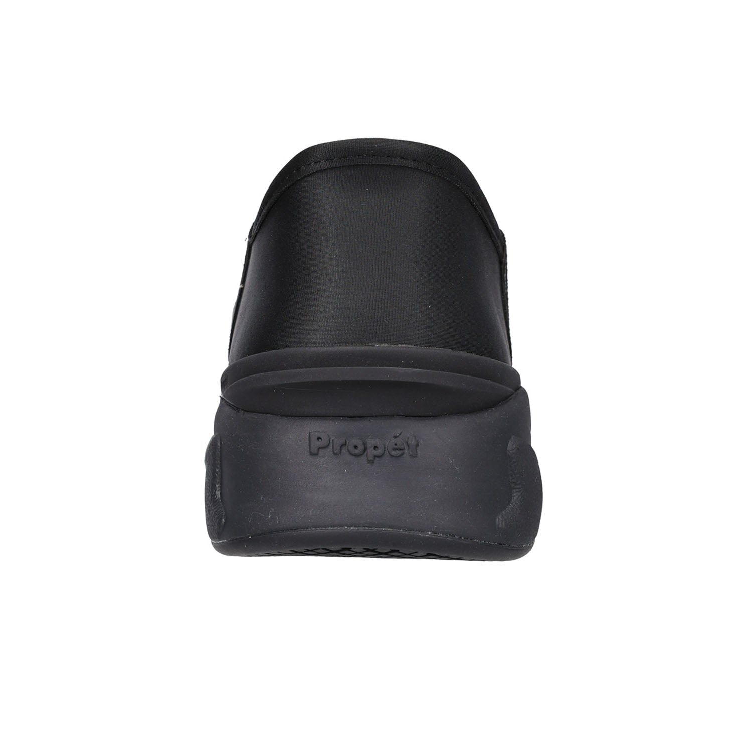 A black slip-on shoe shown from the back, featuring a thick textured sole with the brand name 'Propét' embossed on the side, set against a plain white background.