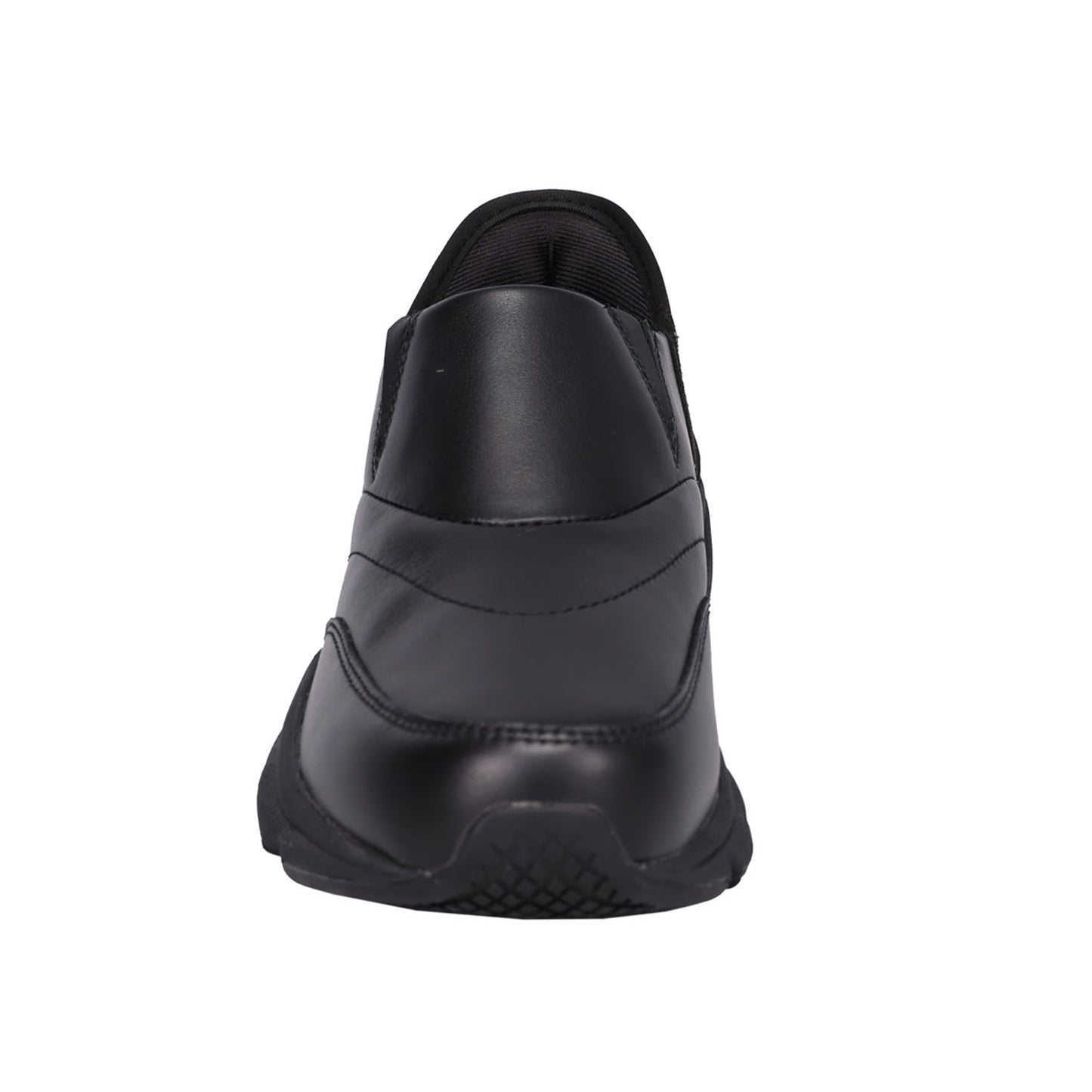 A black slip-on shoe shown from a rear three-quarter view against a plain white background.