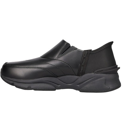 A black slip-on sneaker with a textured, chunky sole, shown in a side profile view against a plain white background.