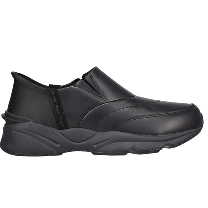 A black slip-on work shoe with a smooth synthetic upper and a chunky, sculpted black sole, shown from a side profile on a white background.
