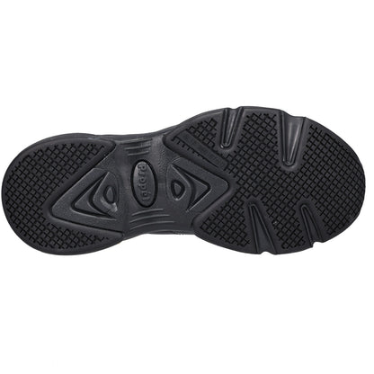 Black rubber outsole of a shoe shown from the bottom, featuring textured grip patterns and a central embossed logo, on a plain white background.