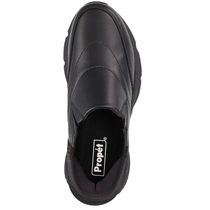 A black slip-on work shoe shown from a top-down view, featuring a smooth leather upper, thick black sole, and a visible Propét brand label on the insole.