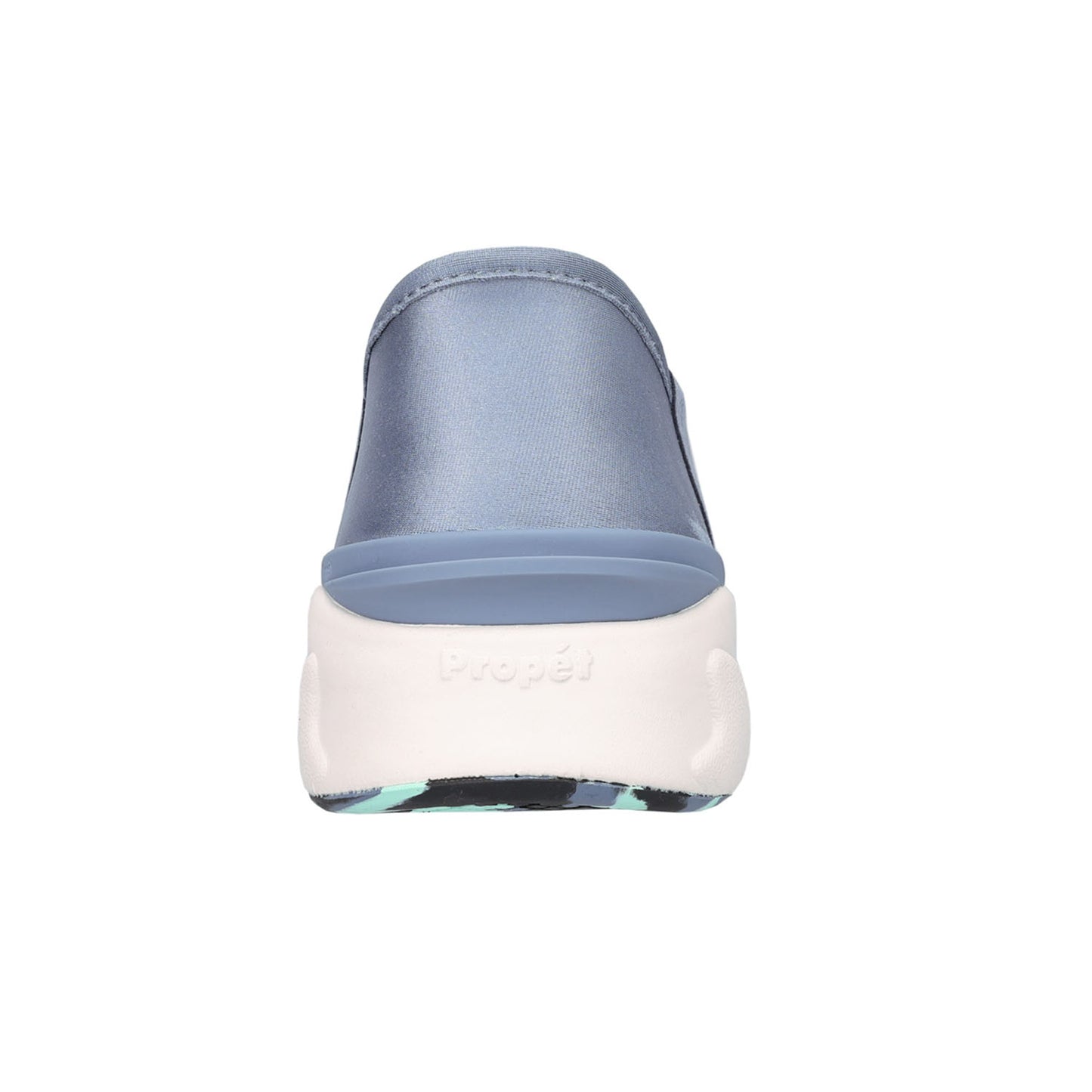 A single slip-on clog shoe shown from the back, featuring a dusty blue satin upper and a thick white sole with the brand name 'Propét' embossed on the side.