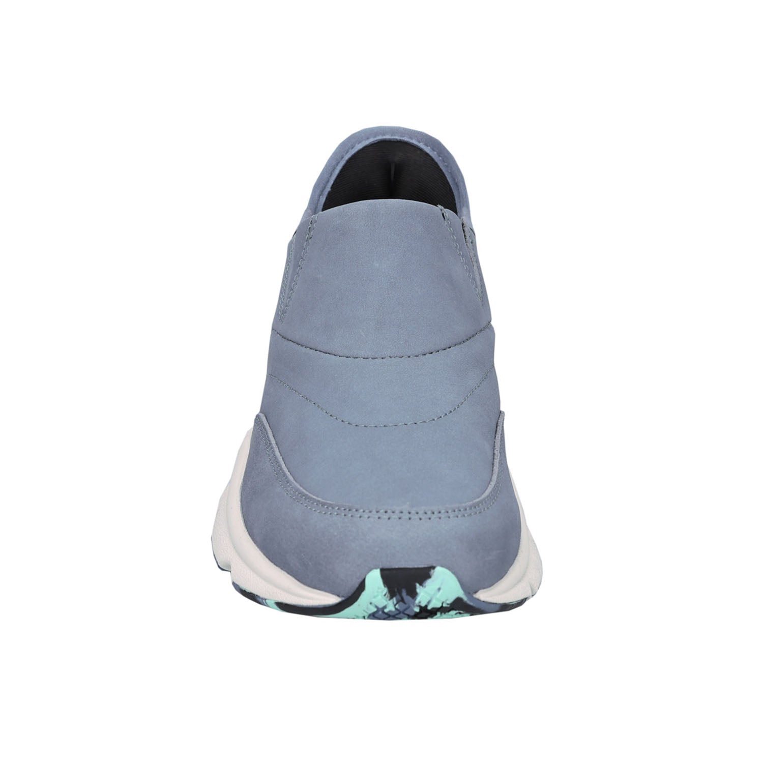 A single slip-on sneaker shown from the back, featuring a dusty slate blue suede upper, a thick white midsole, and a black and mint green patterned outsole.