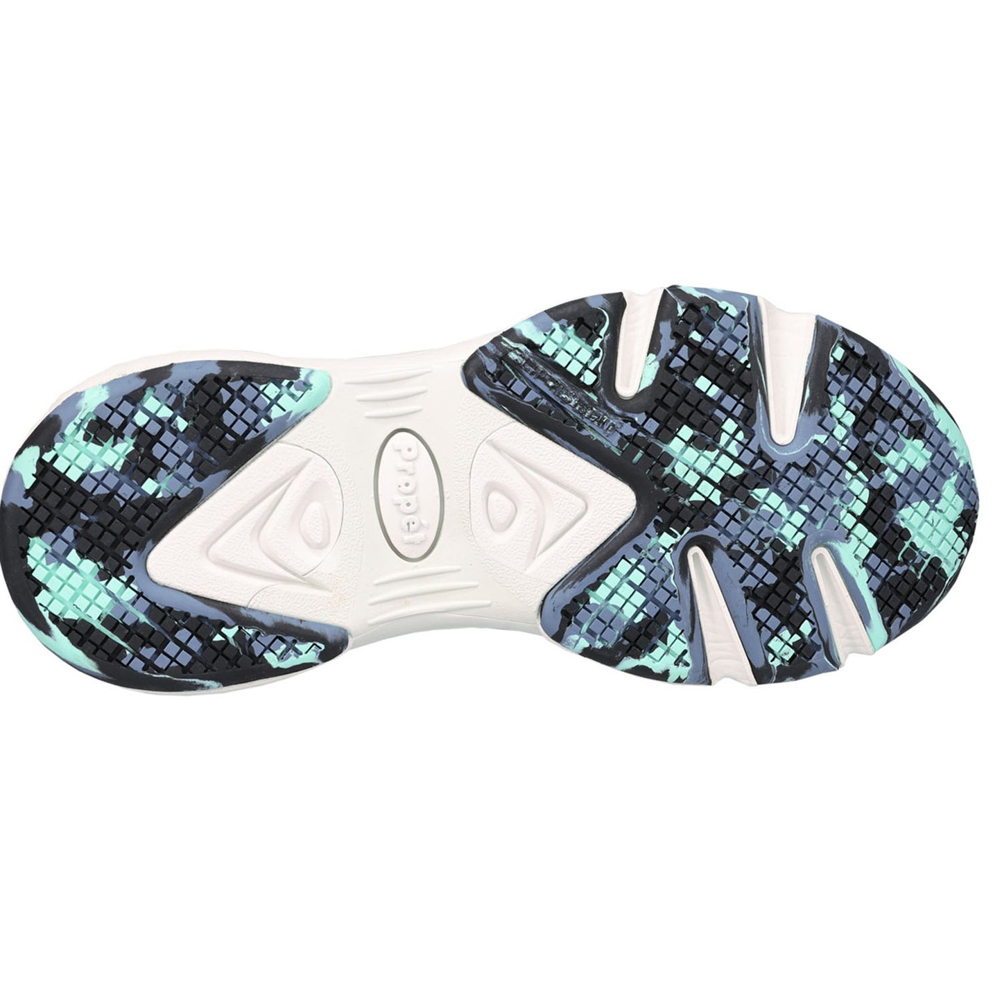 The outsole of a shoe featuring a black and mint green pixelated pattern on the sides and heel, with a white central tread and the brand name 'Propet' embossed in the center.