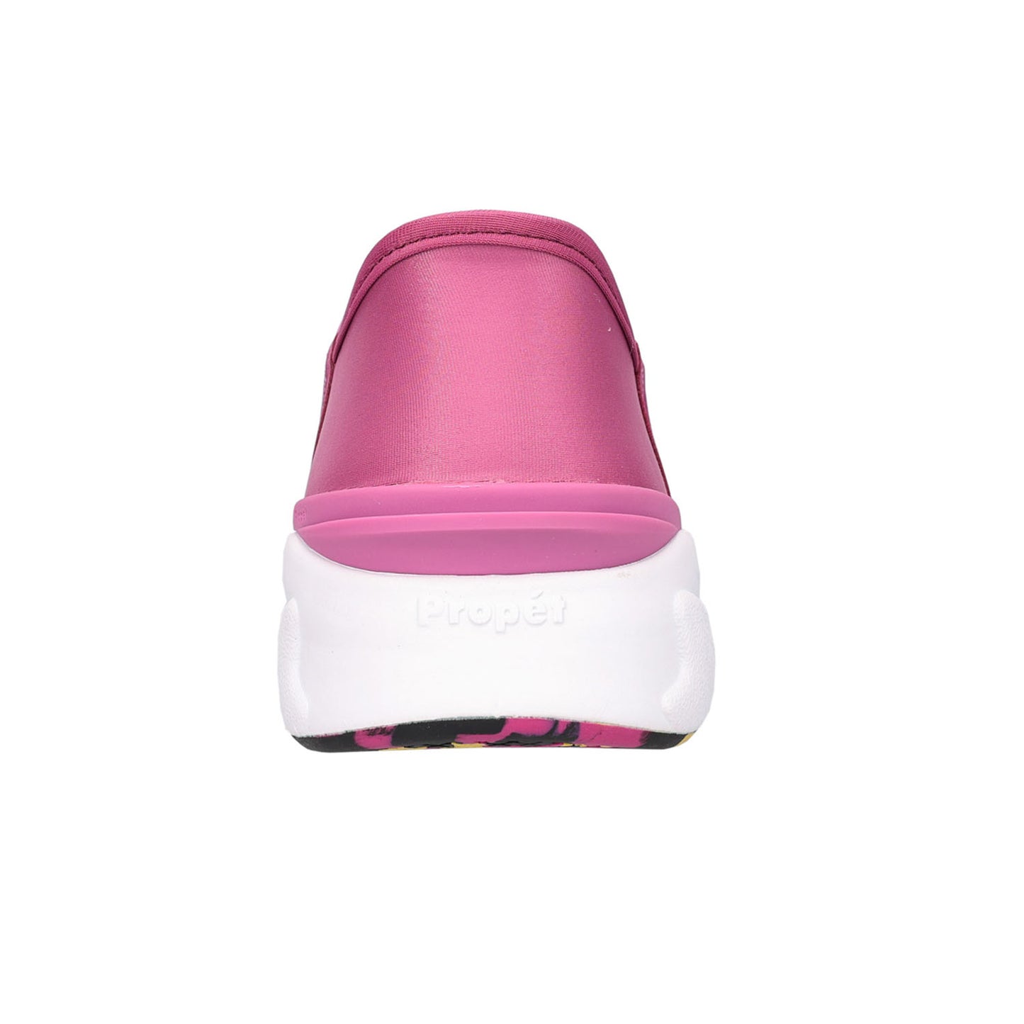 A single pink slip-on shoe shown from the back on a plain white background, featuring a white sole with the brand name 'Propet' embossed on it.