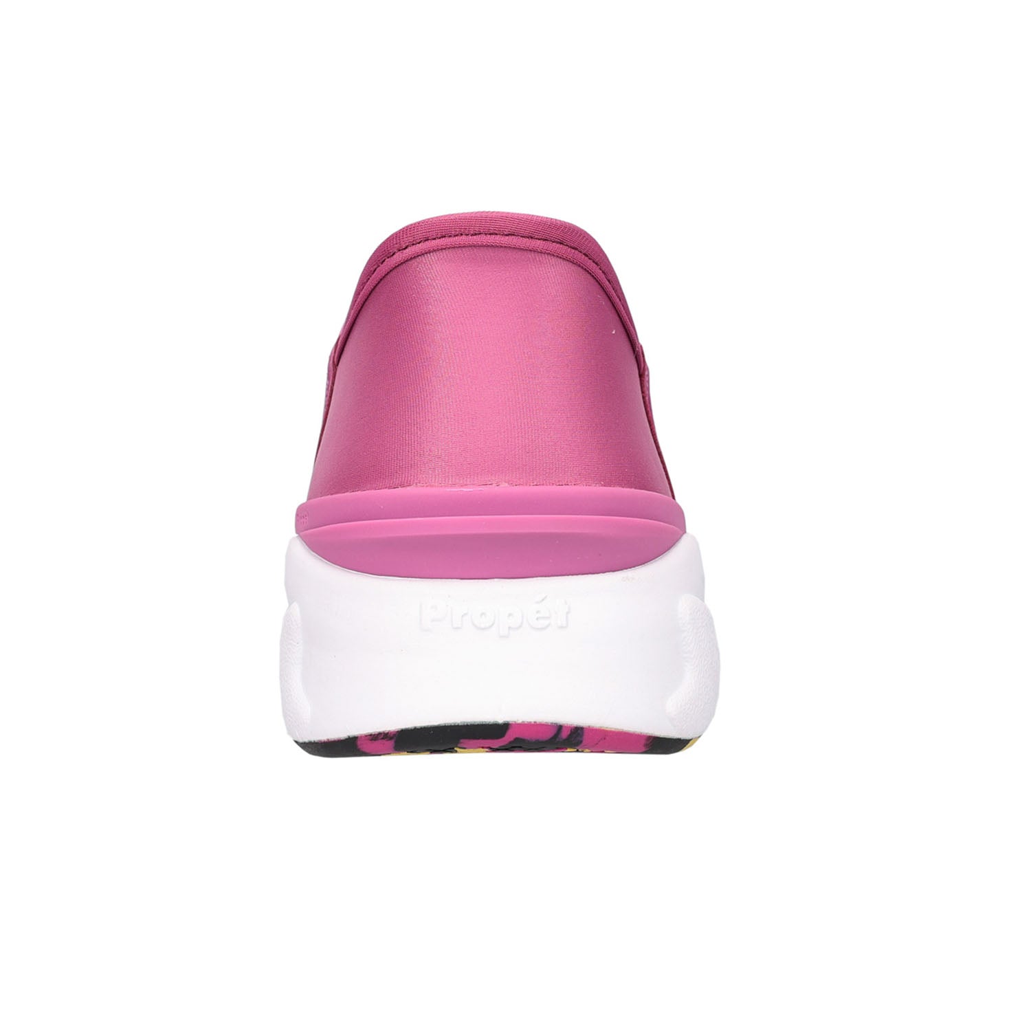 A single pink slip-on shoe shown from the back on a plain white background, featuring a white sole with the brand name 'Propet' embossed on it.