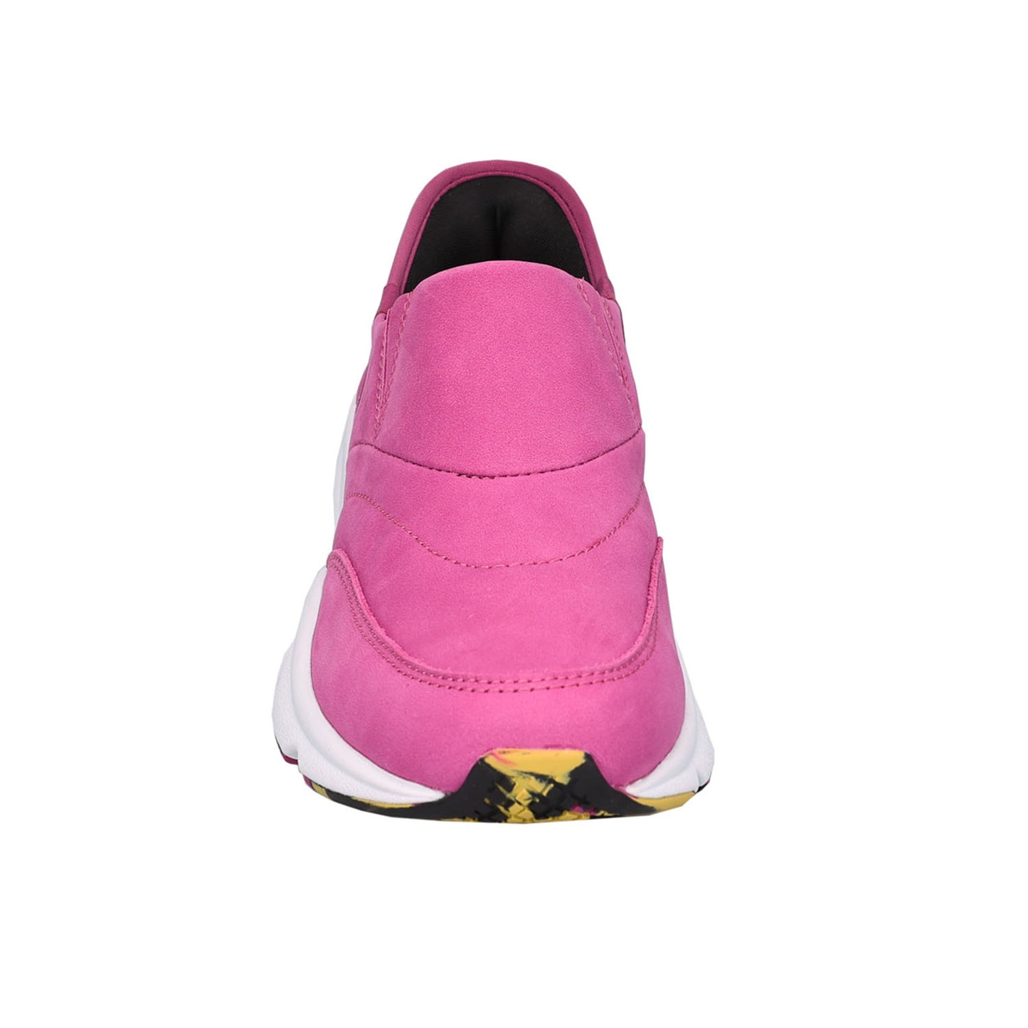 A single pink slip-on sneaker shown from the back, featuring a pink suede-like upper, a white midsole, and a black and yellow patterned outsole.