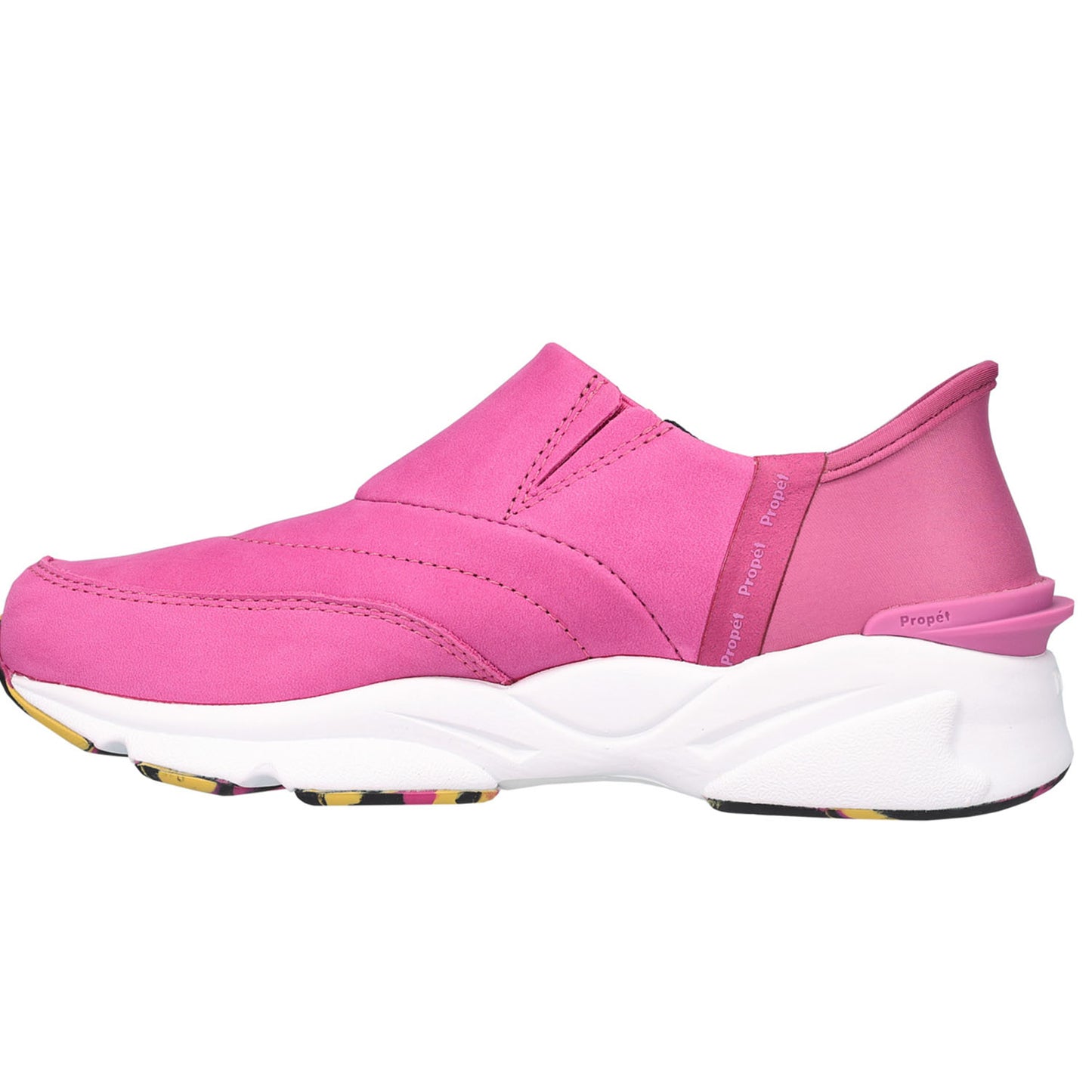 A pink slip-on sneaker with a white chunky sole, shown in a side profile view against a plain white background.