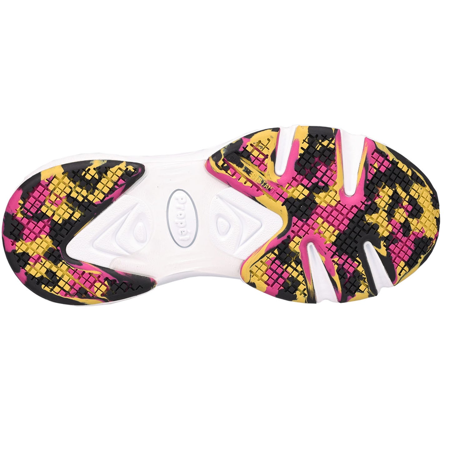 A close-up of a shoe sole showing a colorful tread pattern in black, yellow, and pink around a white midsole with the brand name 'Propet' visible.