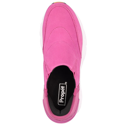 A single pink slip-on sneaker shown from a top-down view on a plain white background. The shoe has a black interior lining with the brand name 'Propét' printed in white.