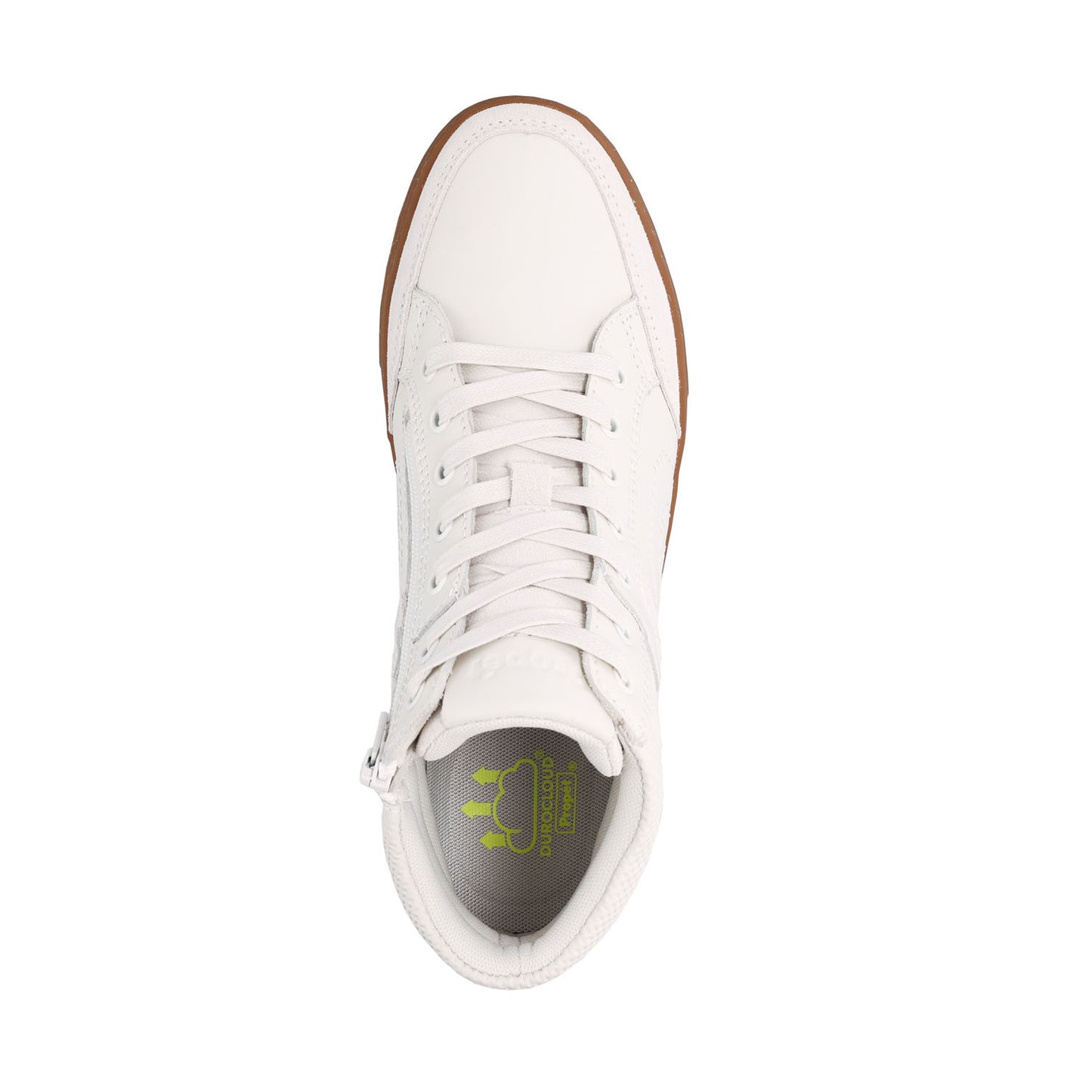 A white leather high-top sneaker shown from a top-down view, featuring white laces, a brown gum sole, and a gray interior with a lime green logo.