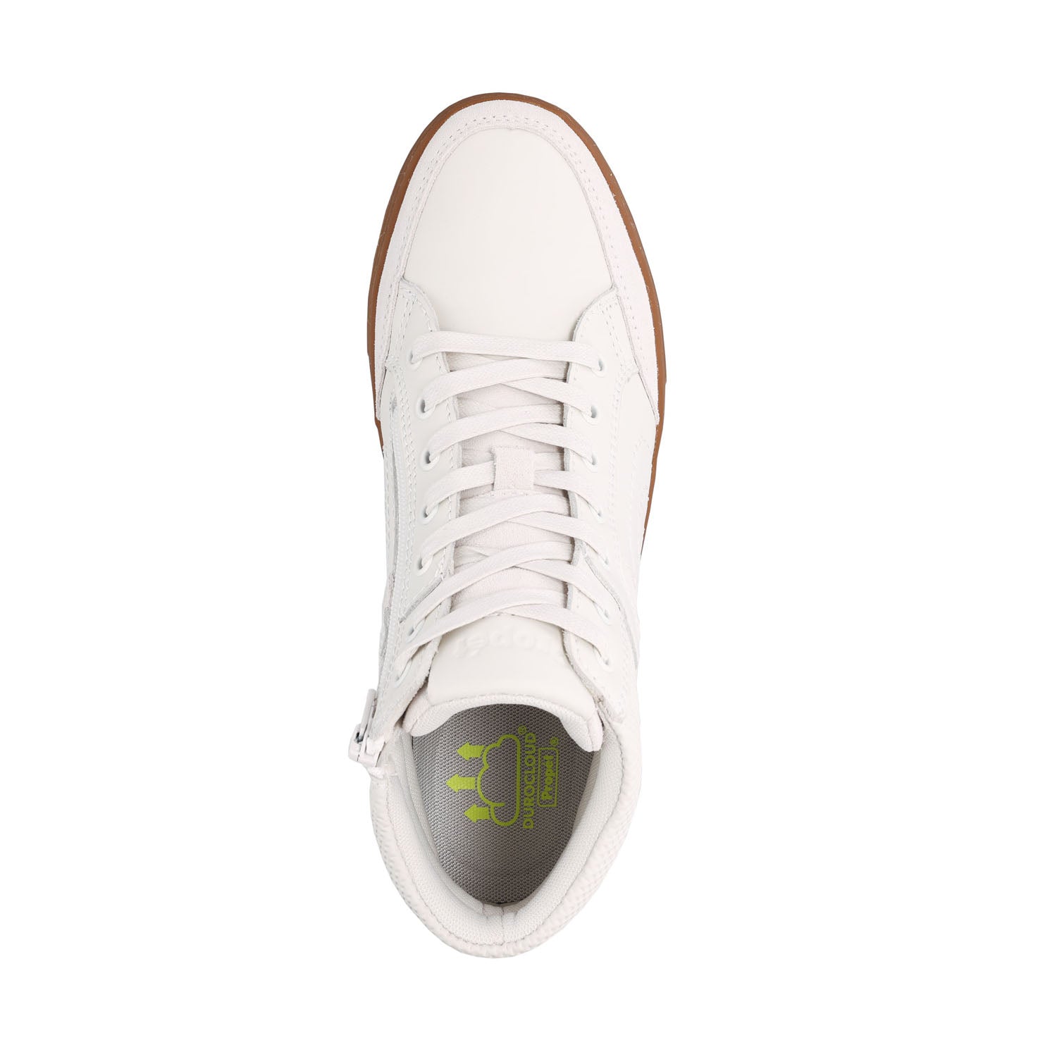 A white leather high-top sneaker shown from a top-down view, featuring white laces, a brown gum sole, and a gray interior with a lime green logo.