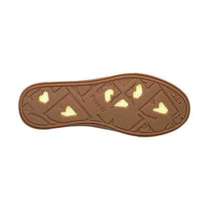 A brown rubber shoe sole viewed from above, featuring geometric tread patterns and several small integrated yellow LED light elements. The brand name 'Propel' is embossed in the center.