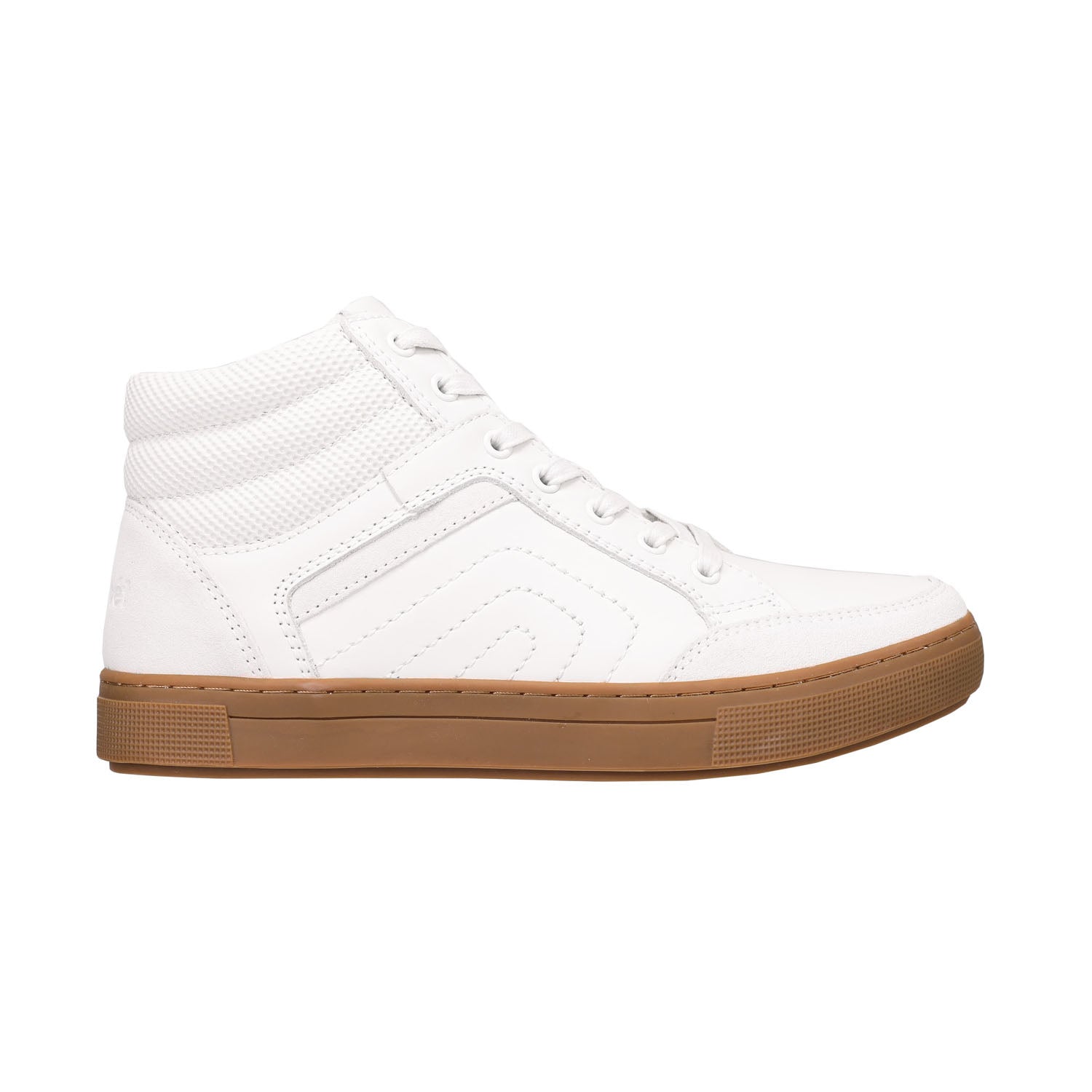 A white high-top sneaker with a gum brown sole, shown in a side profile view against a plain white background.