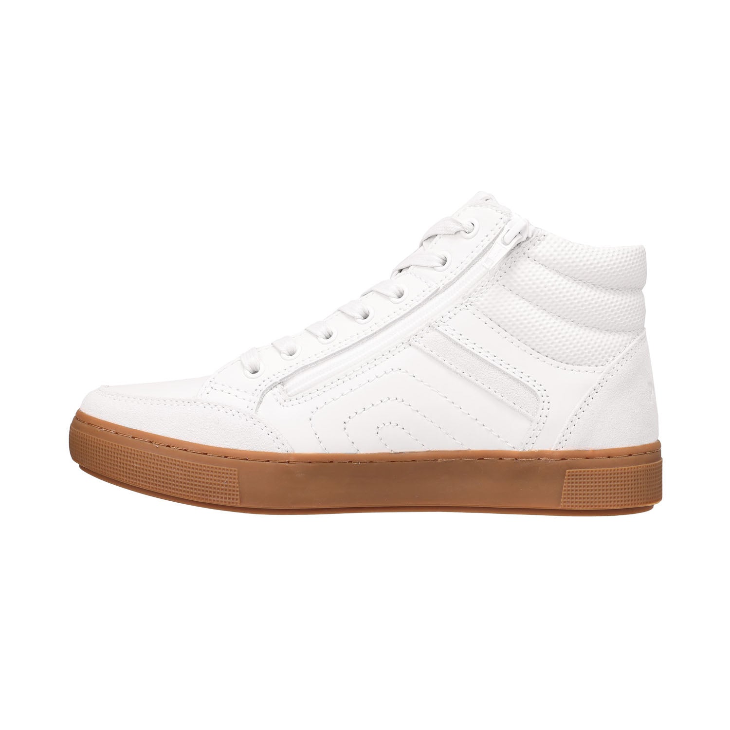 A white high-top sneaker with a gum brown sole, shown in a side profile view against a plain white background.