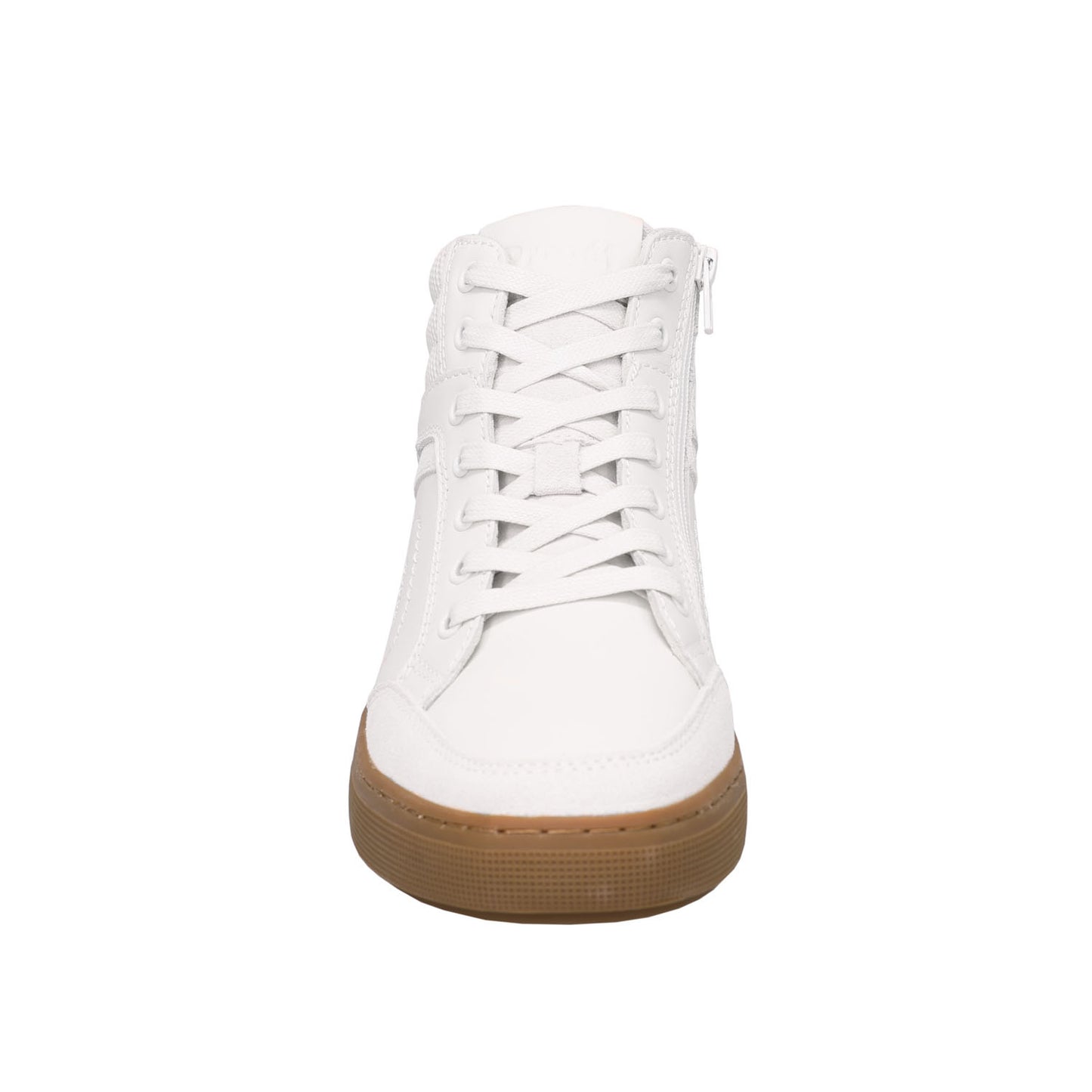 A white high-top sneaker shown from the back, featuring white laces, a white leather upper, and a brown gum sole, set against a plain white background.