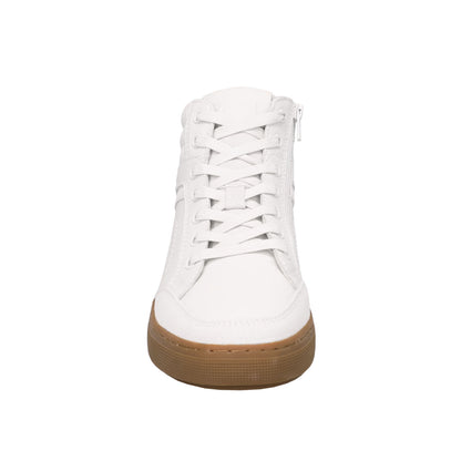 A white high-top sneaker shown from the back, featuring white laces, a white leather upper, and a brown gum sole, set against a plain white background.
