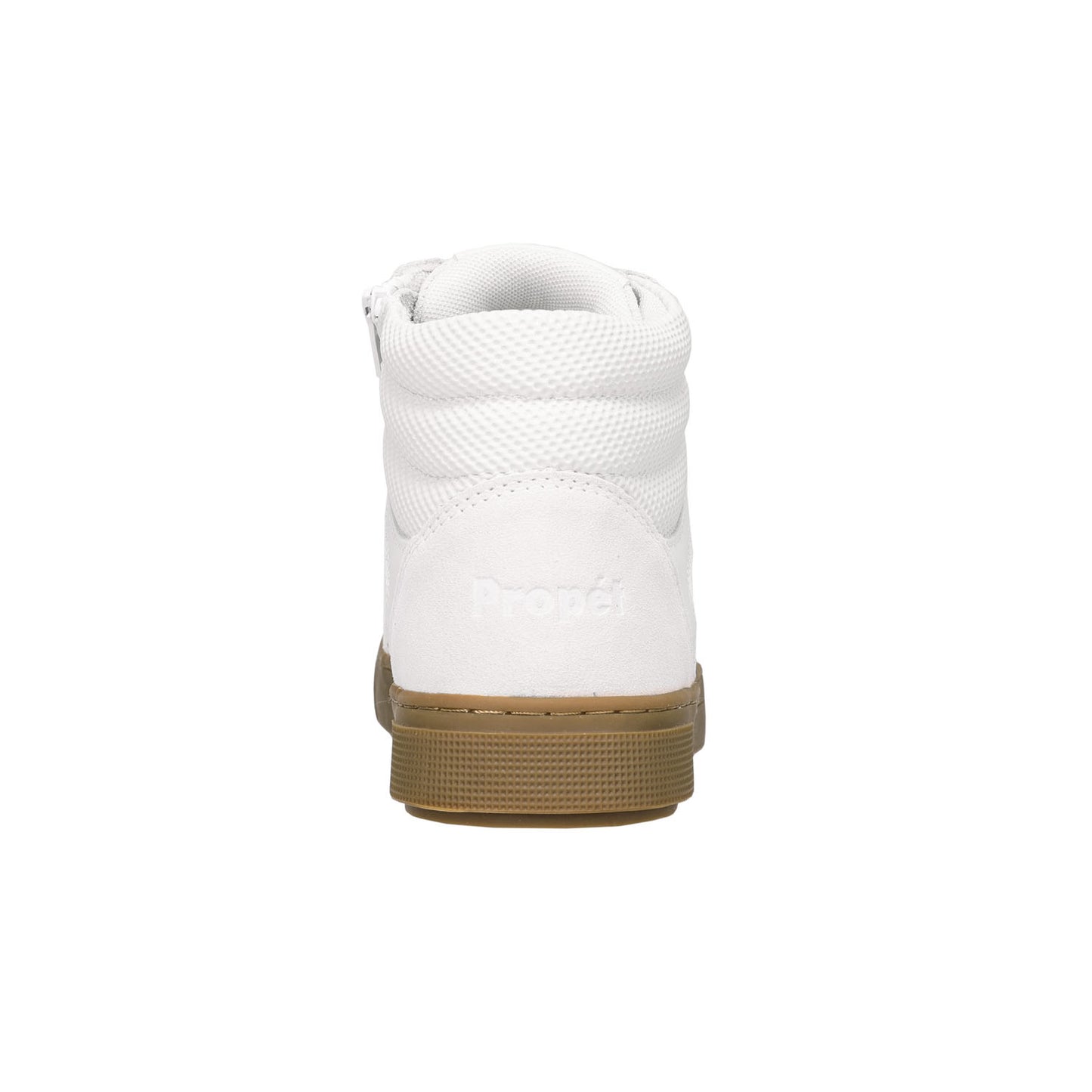 White Propét high-top sneaker shown from the back, featuring a white textured upper and a brown gum sole.
