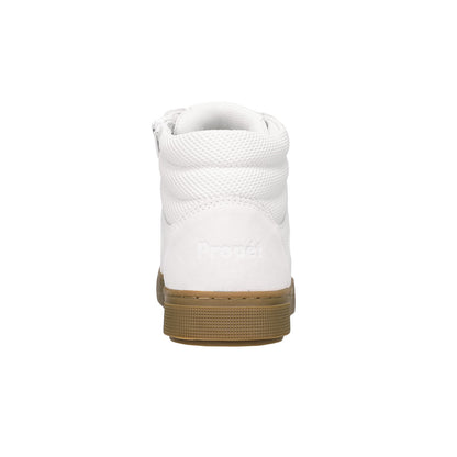 White Propét high-top sneaker shown from the back, featuring a white textured upper and a brown gum sole.
