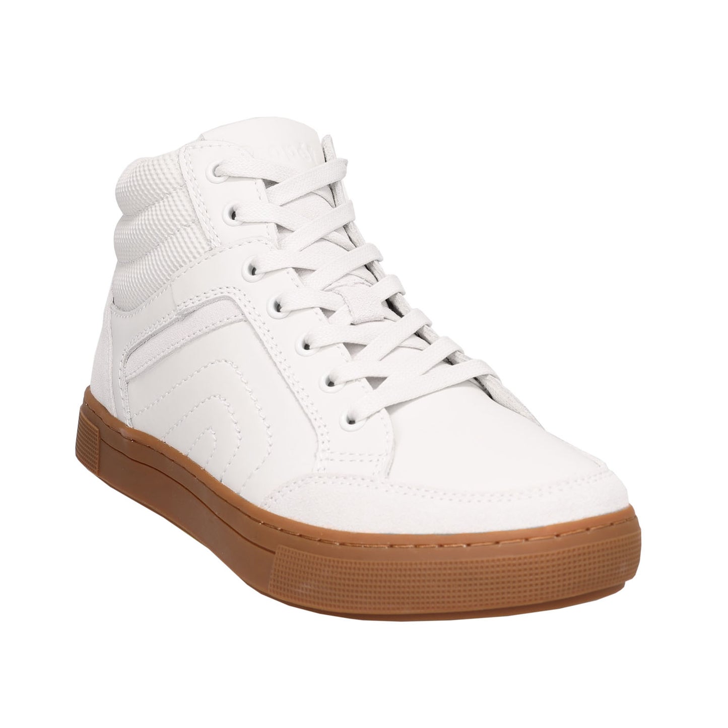 A white high-top sneaker with white laces and a brown gum sole, shown from a three-quarters angle on a plain white background.