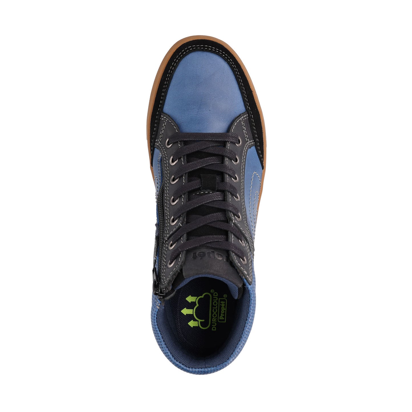 A top-down view of a mid-top sneaker with a blue leather upper, dark gray suede overlays, black laces, and a brown gum sole, shown on a white background.