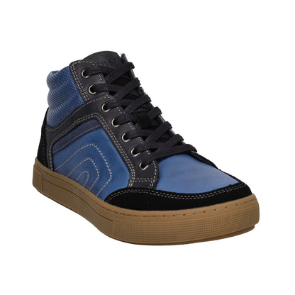 A blue and black high-top sneaker with black laces and a brown gum sole, shown from a three-quarters angle on a white background.