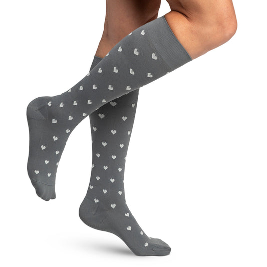 Sigvaris Style 832 Microfiber Patterns Women's Socks 20-30 mmHg - Sigvaris Mircofiber Patterns Grey sock with white hearts