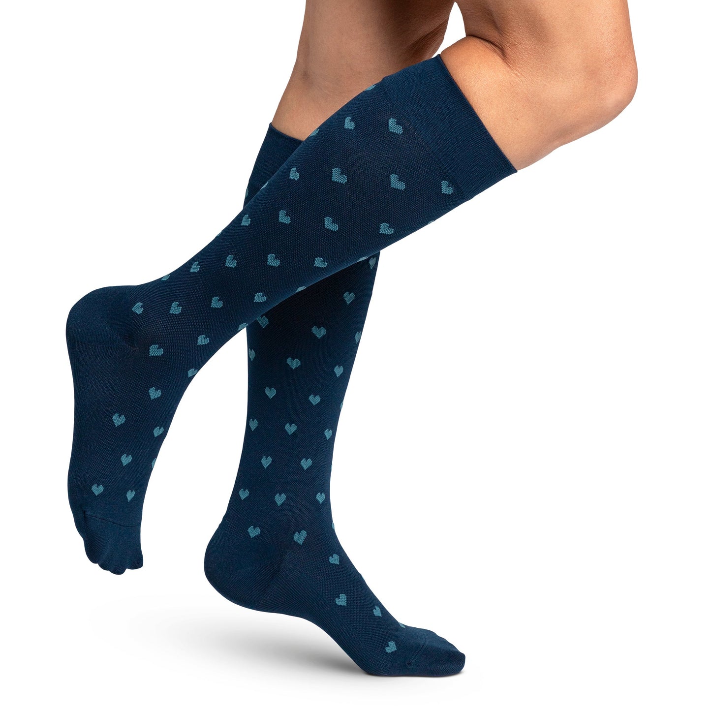Sigvaris Mircofiber Patterns Navy Sock with light blue hearts
