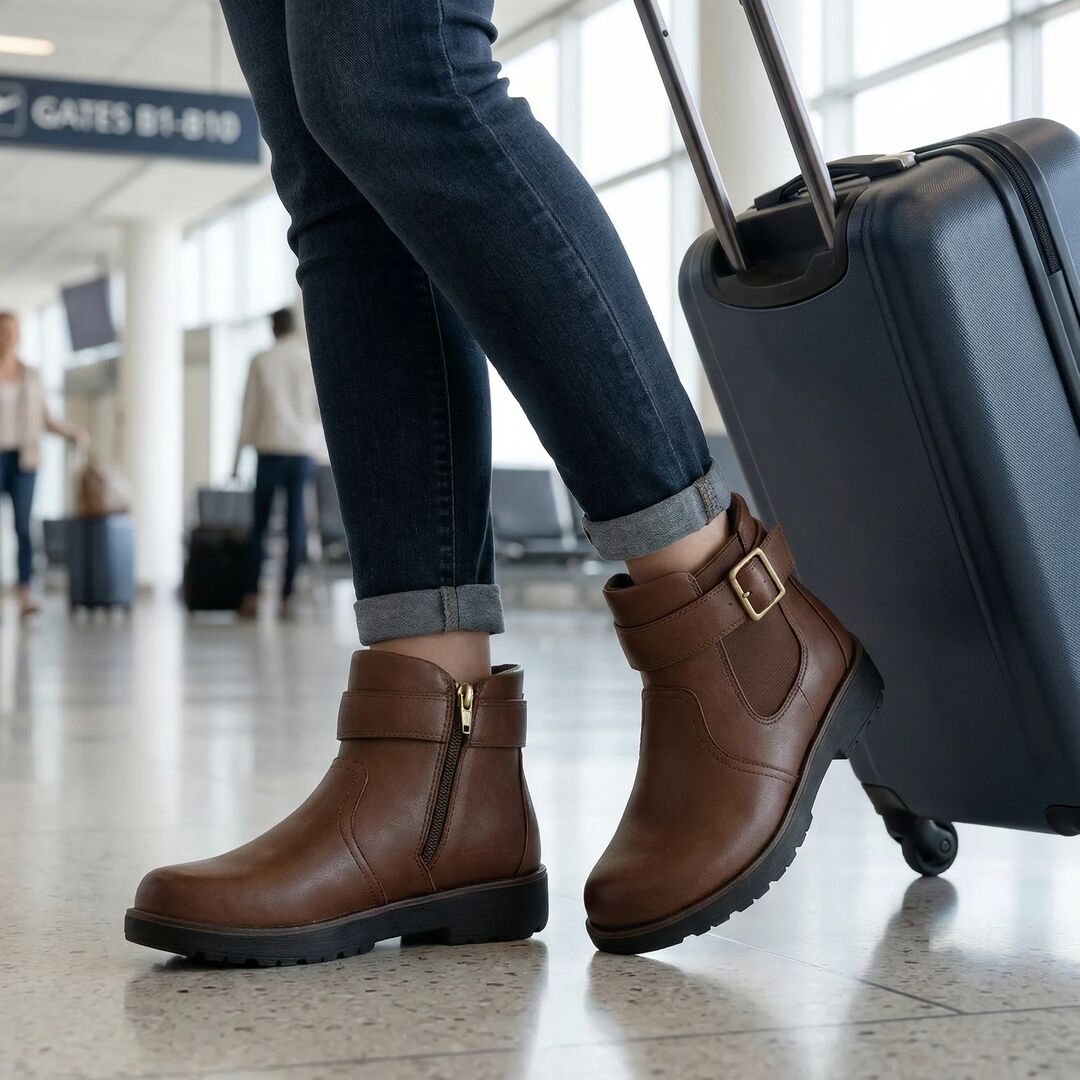 Person wearing brown boots with a suitcase in an airport setting