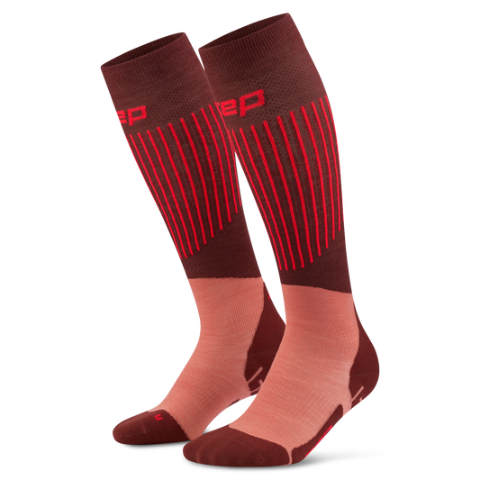 CEP Women's Ski Ultralight Tall Socks - Pair of brown and red compression socks on a white background