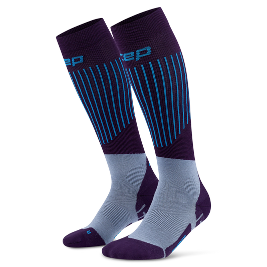 CEP Women's Ski Ultralight Tall Socks - Pair of purple and gray compression socks with a brand logo on a white background