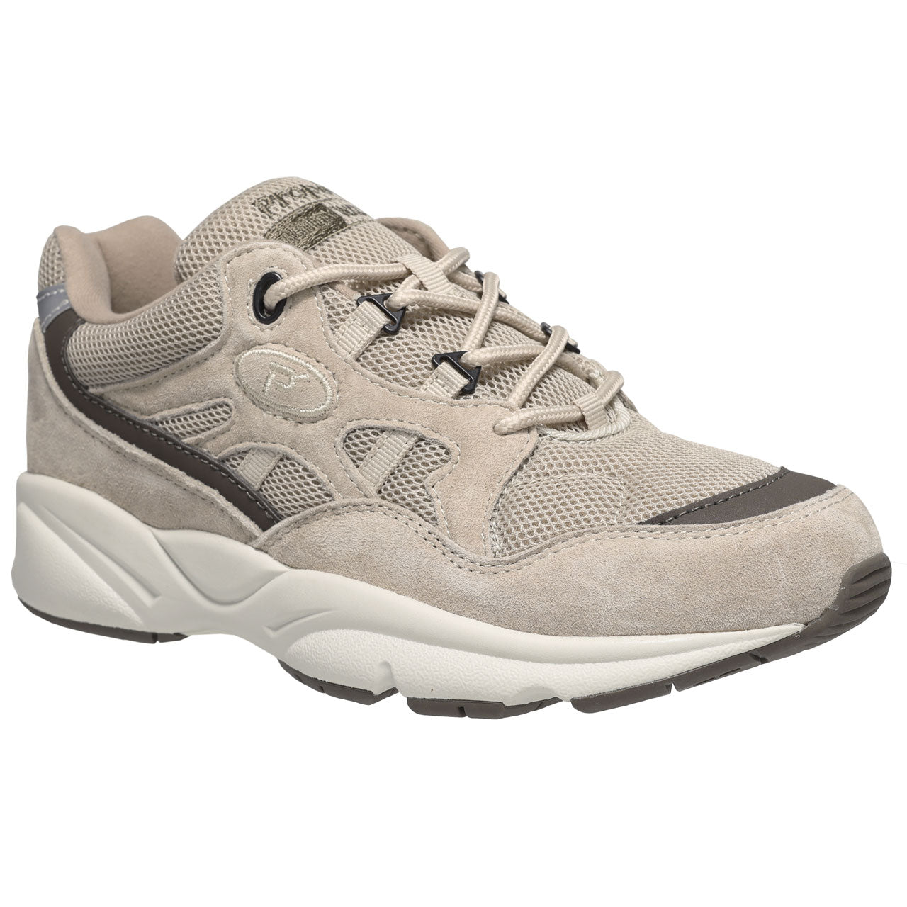 Propet Women's Stability Fusion Walking Shoe Beige athletic shoe with dark grey accents
