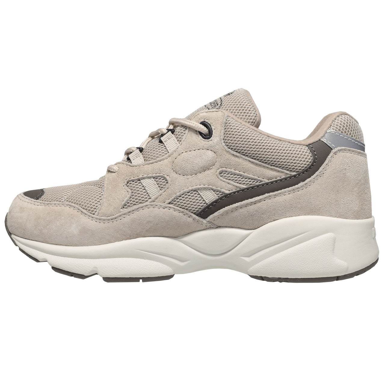 Propet Women's Stability Fusion Walking Shoe Beige athletic shoe with dark grey accents