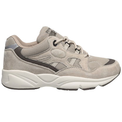 Propet Women's Stability Fusion Walking Shoe Beige athletic shoe with dark grey accents