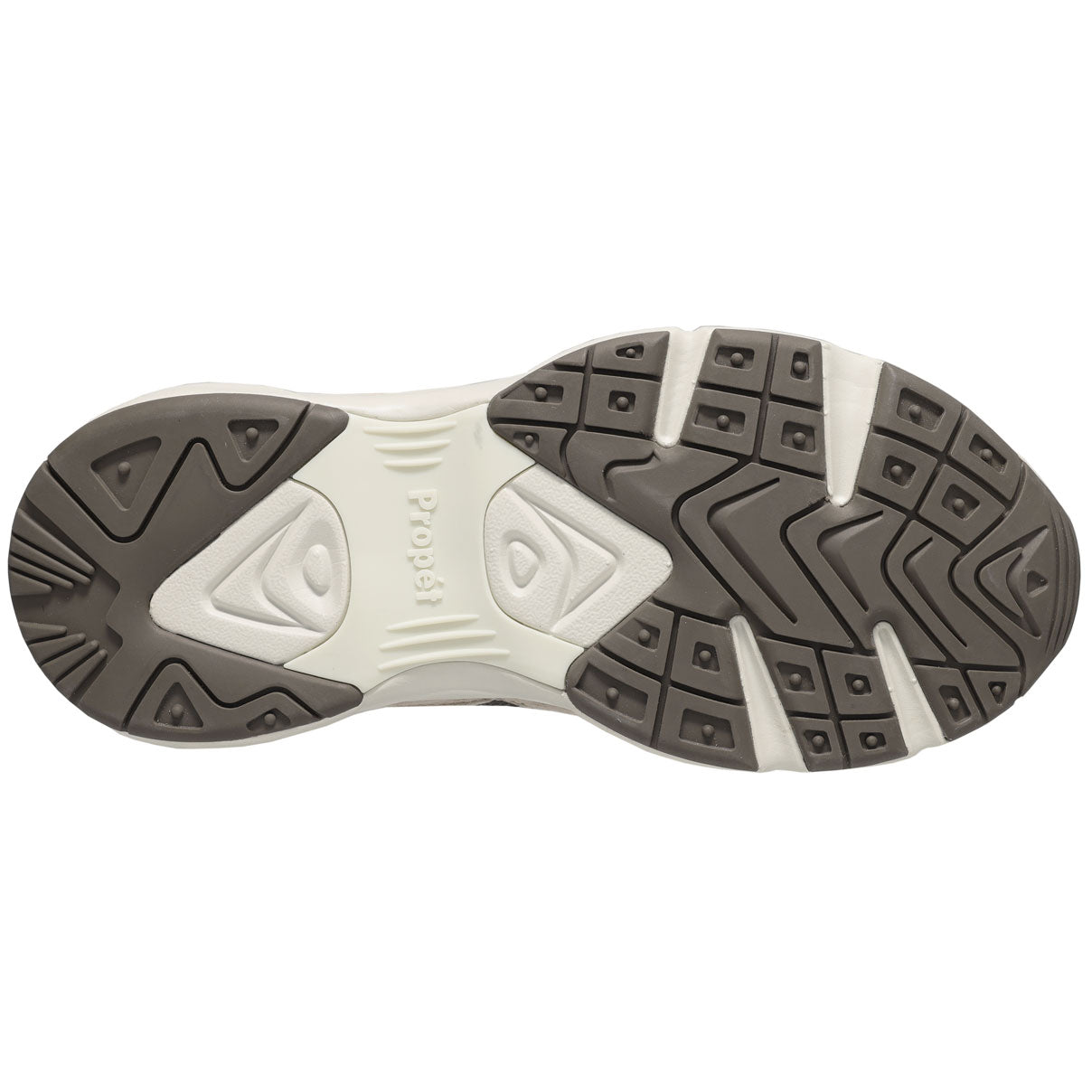 Propet Women's Stability Fusion Walking Shoe Beige athletic shoe with dark grey accents