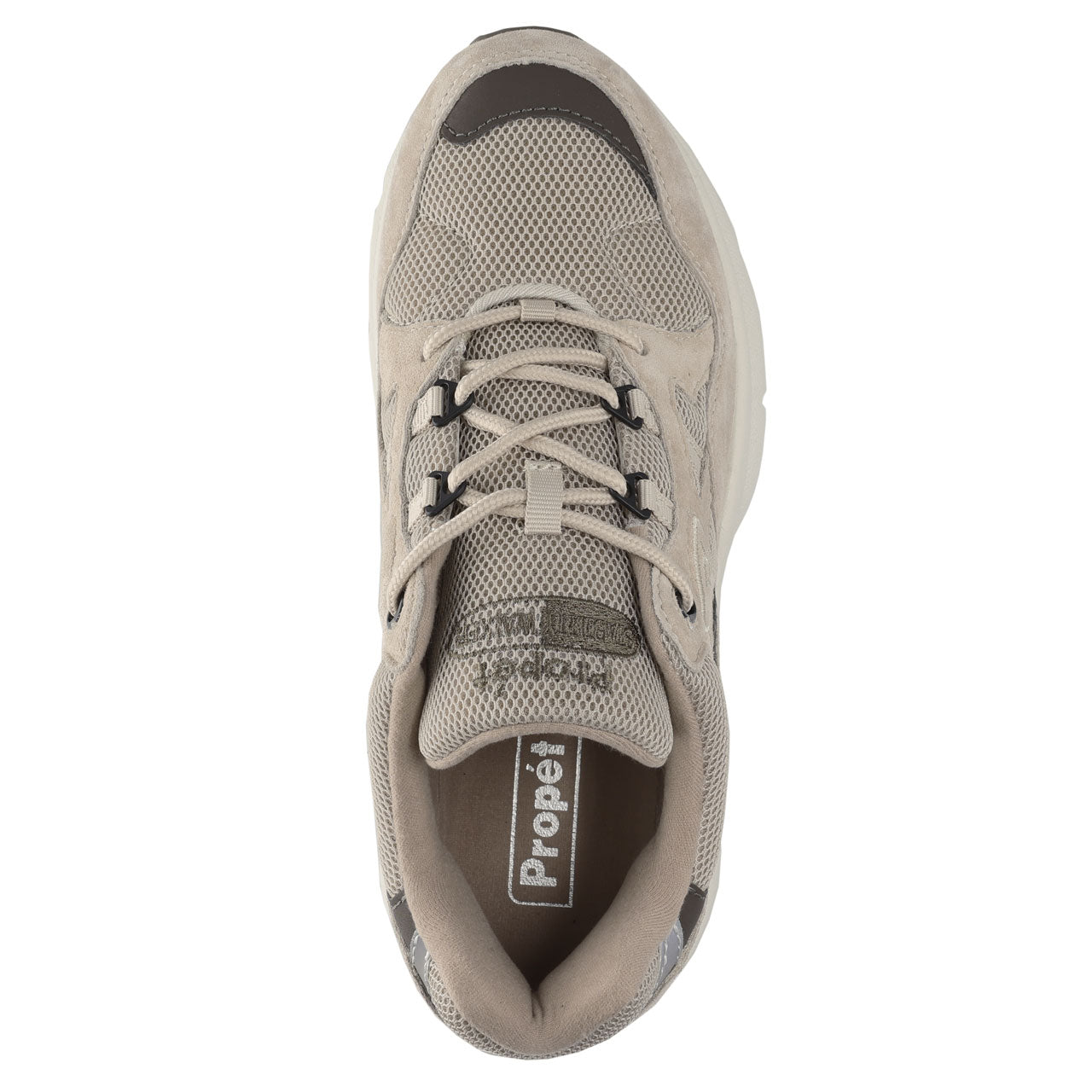 Propet Women's Stability Fusion Walking Shoe Beige athletic shoe with dark grey accents