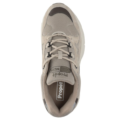 Propet Women's Stability Fusion Walking Shoe Beige athletic shoe with dark grey accents
