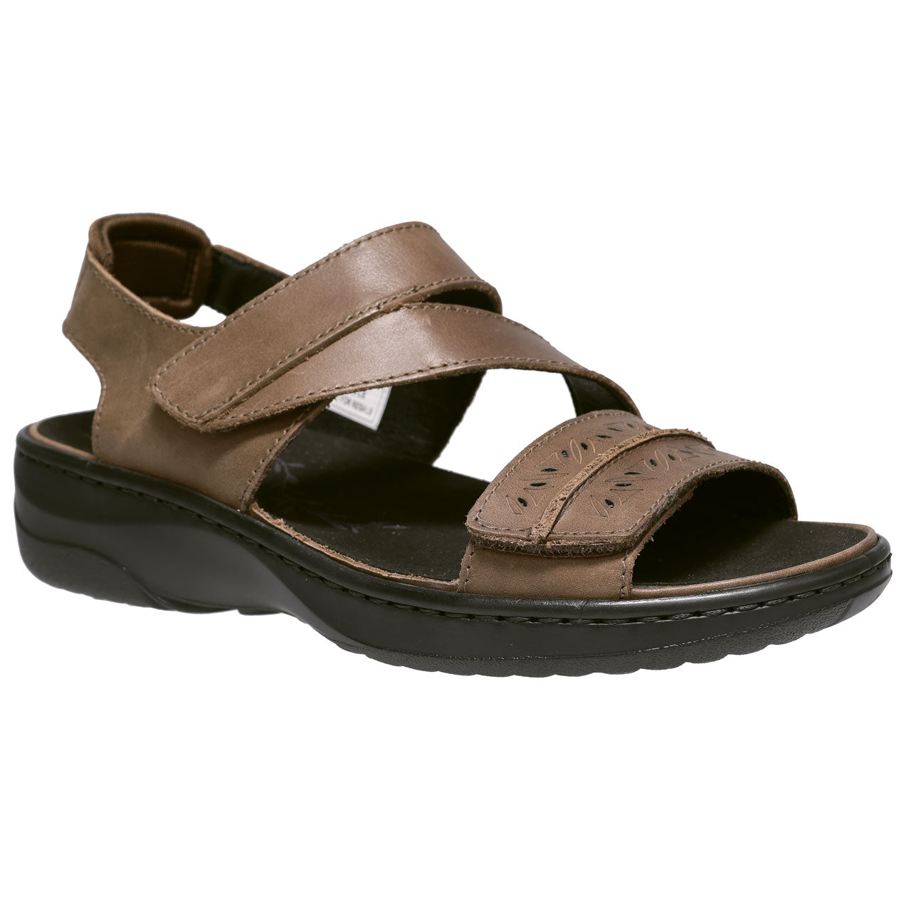 Propet Women's Garnet Leather Sandal Bison Brown with cut out details on velcro strap