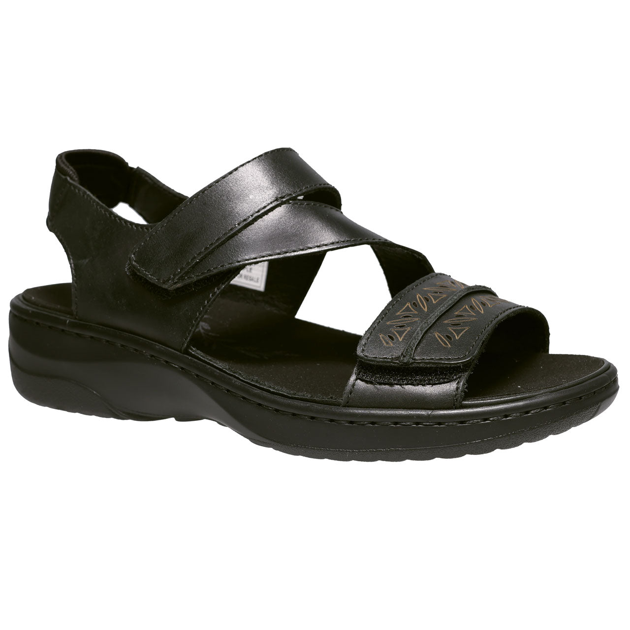 Propet Women's Garnet Leather Sandal Black with cut out details on velcro strap