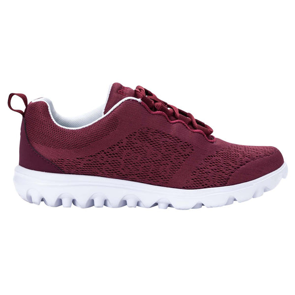 Outside side view of Propet Women's TravelActiv Shoes in Cranberry