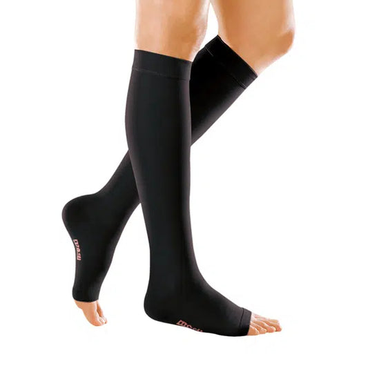 Medi Forte Open Toe Knee Highs w/Dot Band 30-40 mmHg (Wide) - Black compression socks worn by a person on a white background