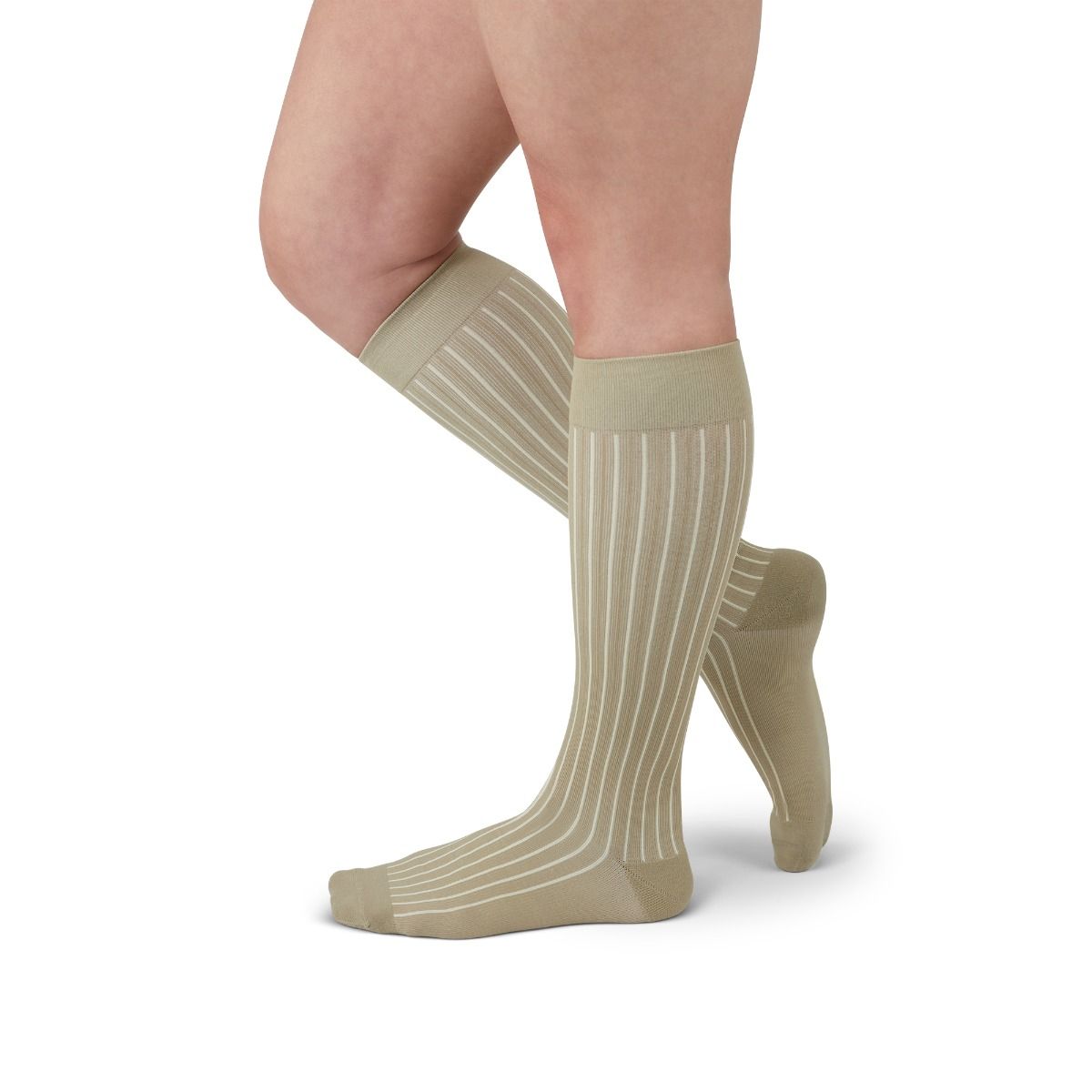 Duomed Soft Stripe Compression Knee High Stocking 15-20 mmHg knee-high socks with white stripes worn by a person on a white background