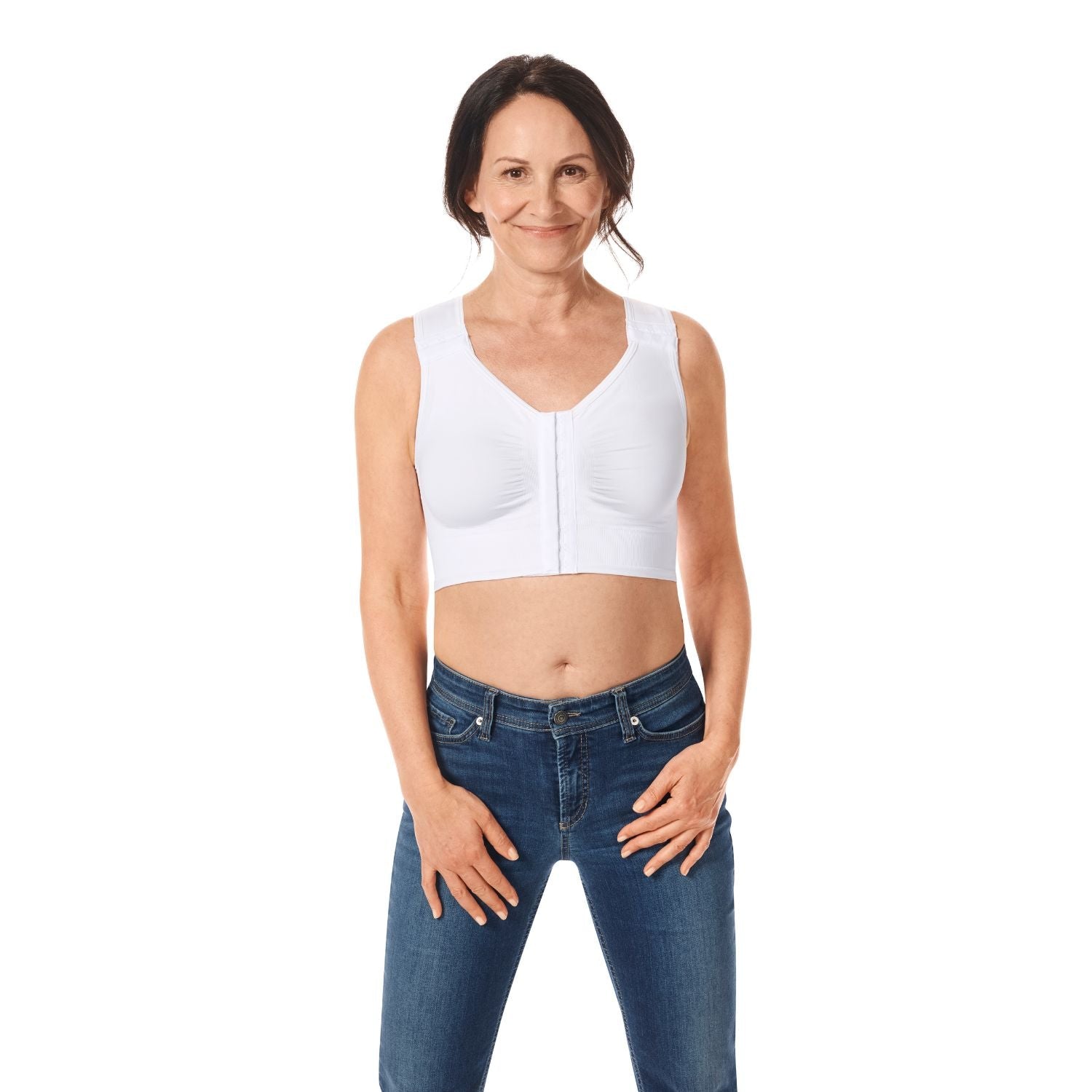 Lymph Flow Long Wire Free Front Closure Bra - White front