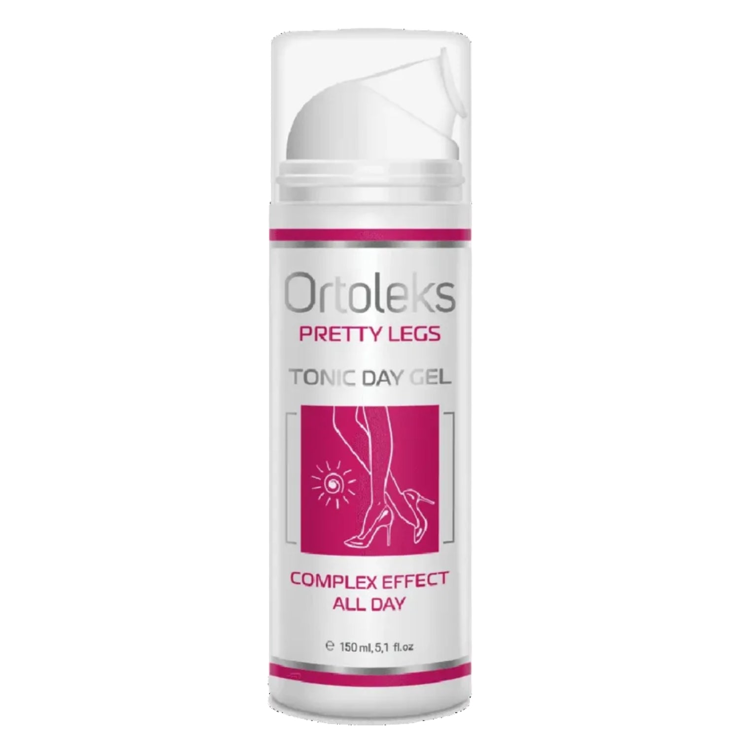Ortoleks Pretty Legs Tonic Day Gel in a white cylindrical pump bottle with pink and gray text and graphics, shown on a plain white background.