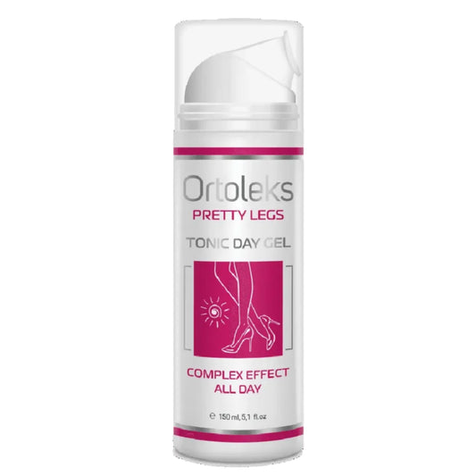 Ortoleks Tonic Day Gel - Ortoleks Pretty Legs Tonic Day Gel in a white cylindrical pump bottle with pink and gray text and graphics, shown on a plain white background.