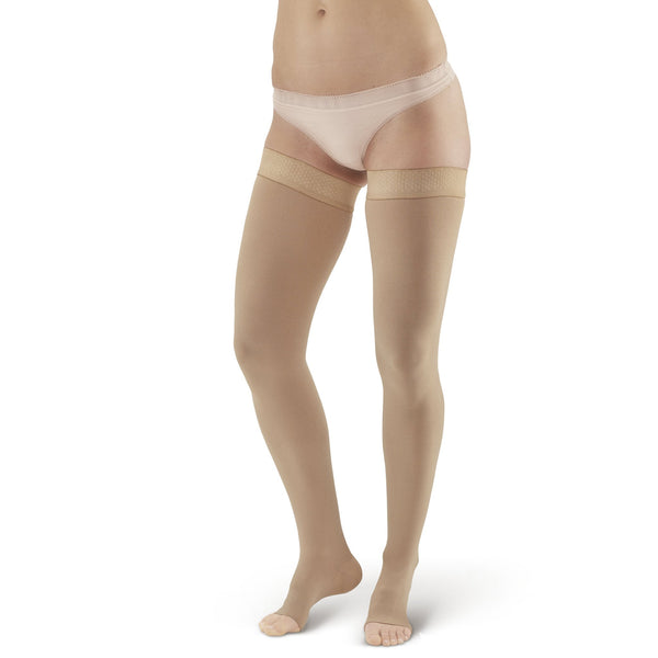 AW Style 392OT Luxury Opaque Open Toe Thigh Highs w/Dot Sil Band - 30-40 mmHg Beige